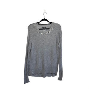 Adrianna Papell Light Gray Bejeweled Neck Tight Knit Sweater Medium Women’s